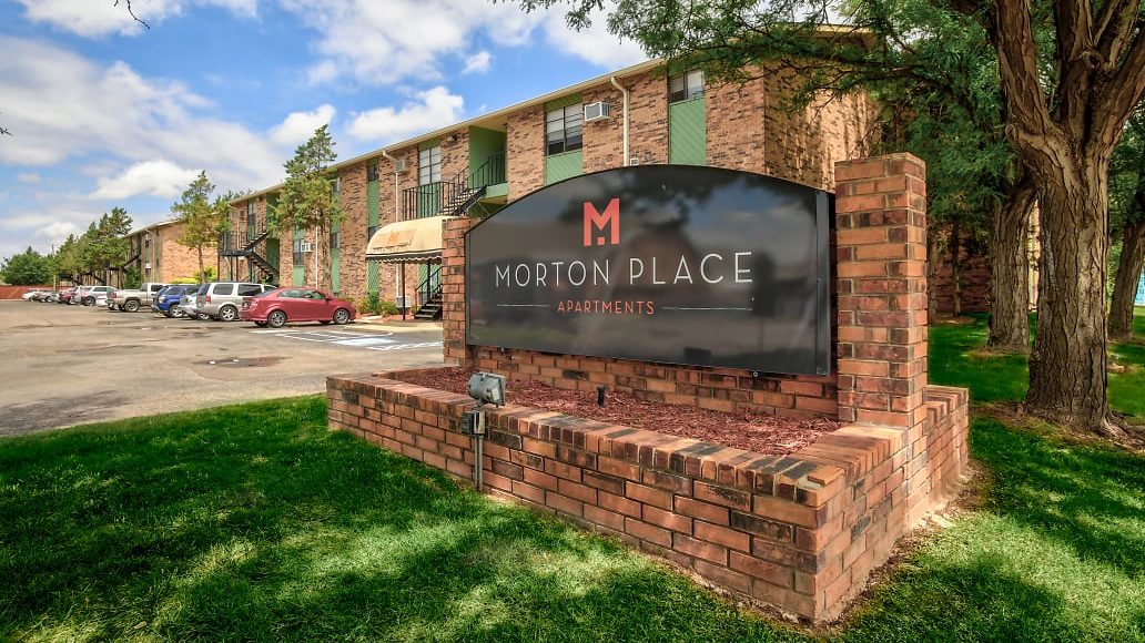 Signage and building view of Morton Place Apartments in Amarillo, TX.