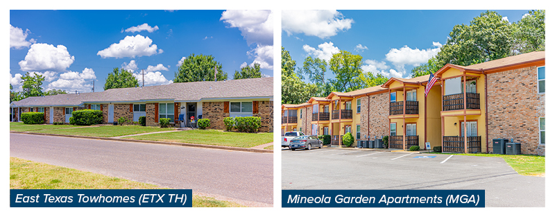 Side-by-side images showing two different residential complexes: East Texas Townhomes (ETX TH) on the left, featuring single-story brick buildings with manicured lawns, and Mineola Garden Apartments (MGA) on the right, showcasing two-story brick buildings with balconies and a parking area.